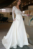 Elegant A-Line V-Neck Long Sleeves Off White Floor Length Prom/Wedding Dress With Lace Top PFW0120