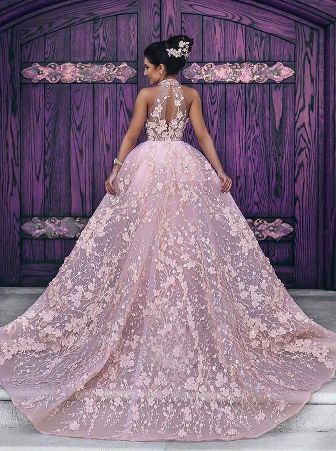 Luxury Pink Lace Wedding Dresses Halter Embroidery Slleveless Prom Dre Promfast Luxury Pink Lace Wedding Dresses Halter Embroidery Slleveless Prom Dre Promfast
