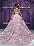 Luxury Pink Lace Wedding Dresses Halter Embroidery Slleveless Prom Dress Evening Dress PFP0896