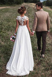 Lovely Off White Lace Appliques Cap Sleeves Long Chiffon Beach Wedding Dresses PFW0121