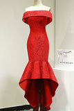 Red Long Lace Elegant Off Shoulder Mermaid High-Low Lace Up Prom Dresses PFP0898