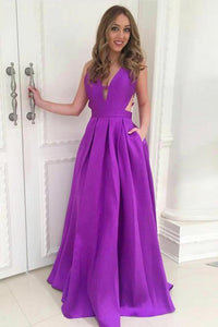 Simple A-Line Deep V-Neck Backless Long Purple Satin Prom Dress with Pockets