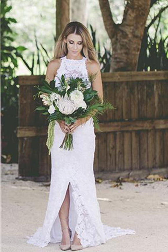 2019 Open Back Sleeveless Lace Beach Wedding Dress,White Bridals Dress PFW0122
