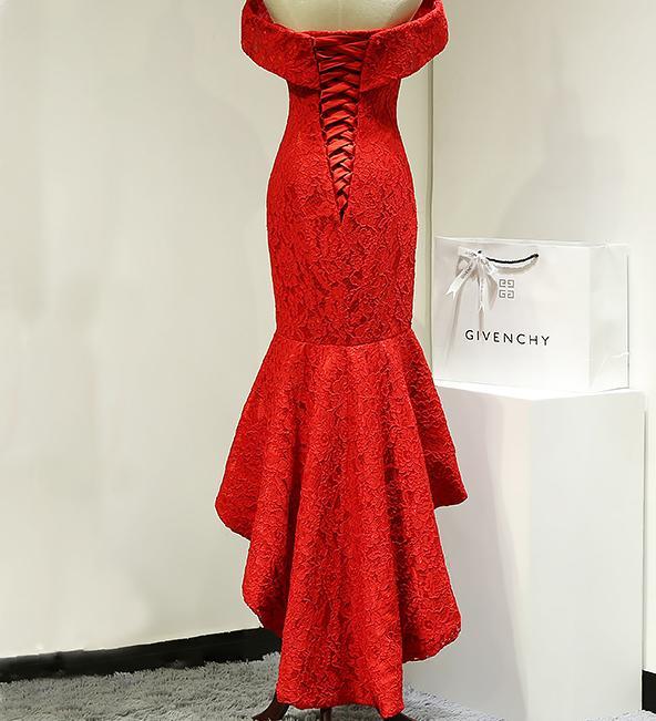 open lace back dress Red Long Lace Elegant Off Shoulder Mermaid High-Low Lace Up Prom Dress –  Promfast