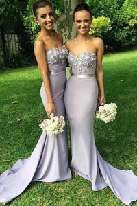 Elegant Long Mermaid Light Grey Sweetheart Appliques Beaded Bridesmaid Dresses,Prom Dress PFP0899
