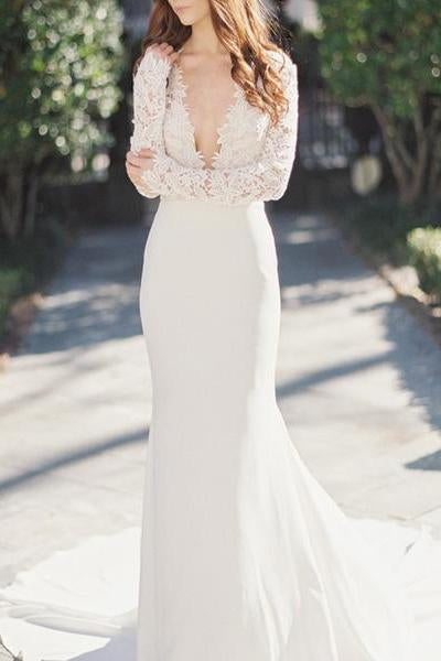 2019 Sexy Deep V-Neck Lace Top Long Sleeve Mermaid Wedding Dress PFW0123