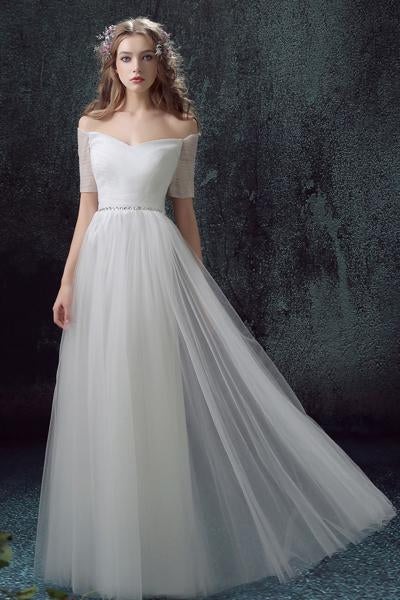 Simple Tulle Off Shoulder Floor-Length Short Sleeves A-line Lace Up Back Wedding Dress PFW0124