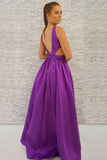 Simple A-Line Deep V-Neck Backless Long Purple Satin Prom Dress with Pockets PFP0509