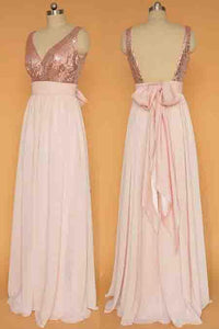V-neck Rose Gold Chiffon A-line Bridesmaid Dresses,Sequinned Bodice Long Prom Dress PFP0903