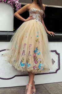 Princess Tea Length Tulle Prom Dresses,Ball Gown Lace Top Strapless Homecoming Dresses PFP0905