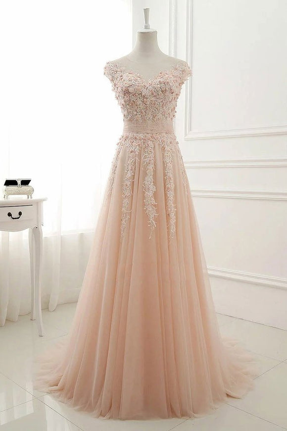 Round Neck Lace Appliques Prom Dresses,Tulle A Line Evening Dress PFP0906
