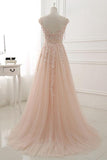 Round Neck Lace Appliques Prom Dresses,Tulle A Line Evening Dress PFP0906