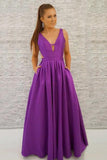 Simple A-Line Deep V-Neck Backless Long Purple Satin Prom Dress with Pockets PFP0509