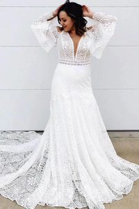 Promfast Elegant A Line Lace Long Sleeves V Neck Wedding Dress PFW0460