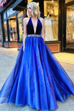 Promfast V Neck Backless Royal Blue Halter Prom Dresses, Long Beaded Formal Evening Dresses PFP1843