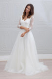 Simple 3/4 Sleeves Open Back V neck Charming Tulle Wedding Dress PFW0127