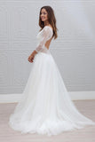 Simple 3/4 Sleeves Open Back V neck Charming Tulle Wedding Dress PFW0127