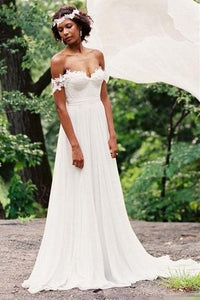 Popular Off the Shoulder Long A-line Ivory Chiffon Sexy Beach Wedding Dresses PFW0128