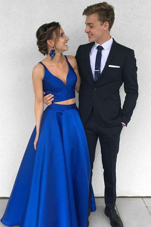 Sexy Royal Blue Two-Piece Long Prom Dress,Simple Satin Blue Formal Evening Dress PFP0909