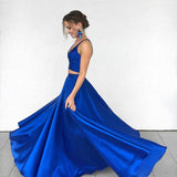 Sexy Royal Blue Two-Piece Long Prom Dress,Simple Satin Blue Formal Evening Dress PFP0909