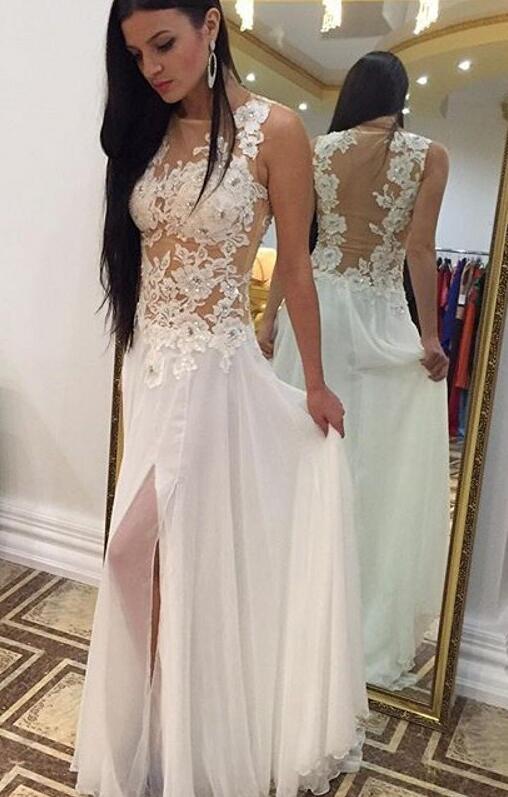 White Backless A-line Chiffon Lace Slit Prom Dress-Beaded,Formal Evening Dresses PFP0910