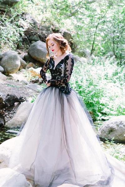 Charming Black Lace Puffy Prom Dress,Long Sleeves Open Back Tulle Wedding Dress PFW0130