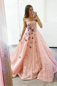 Strapless Pink Lace Long Ball Gown with Floral Embroidery Cheap Prom Dresses