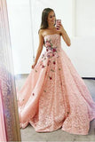 Strapless Pink Lace Long Ball Gown with Floral Embroidery Cheap Prom Dresses