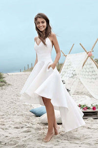 Charming Spaghetti Straps V Neck Long High Low Wedding Dresses,White Short Homecoming Dress PFP0911