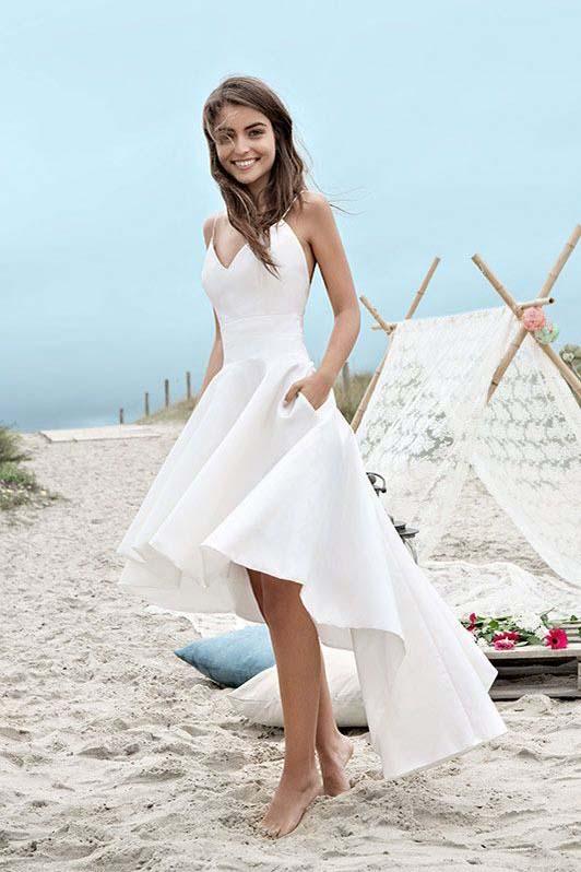 White Short In Front Long In Back Homecoming Dress Charming Spaghetti Straps V Neck Long High Low Wedding Dresses White Short In Front Long In Back Homecoming Dress Charming Spaghetti Straps V Neck Long High Low Wedding Dresses