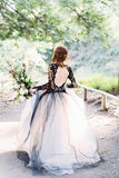 Charming Black Lace Puffy Prom Dress,Long Sleeves Open Back Tulle Wedding Dress PFW0130