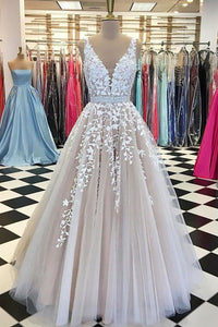 V neck Tulle Lace Long Wedding Dress,Tulle Ball Gown Prom Dress With Appliques PFP0913