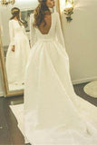 Ivory Long Sleeves Backless Simple Wedding Dress,Elegant A Line Prom Dress PFW0131
