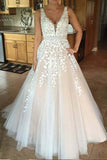 V neck Tulle Lace Long Wedding Dress,Tulle Ball Gown Prom Dress With Appliques PFP0913