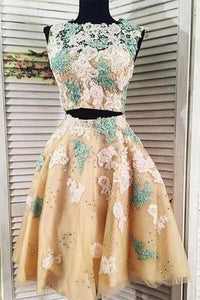2 Pieces Lace Tulle Long Sleeve Homecoming Dress, Short Prom Gown PFH0010