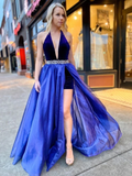 Promfast V Neck Backless Royal Blue Halter Prom Dresses, Long Beaded Formal Evening Dresses PFP1843