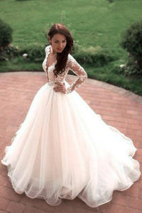 Princess A-Line V-Neck Tulle Ivory Long Sleeves Ball Gown Wedding Dresses PFW0134