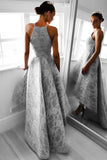 Charming High Low A Line Spaghetti Straps Long Gray Lace Homecoming Prom Dress PFP0917