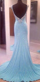 Modest V-Neck Sleeveless Sequins Blue Mermaid Backless Floor-Length Long Prom Dresses PFP0918