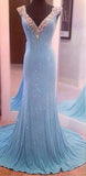 Modest V-Neck Sleeveless Sequins Blue Mermaid Backless Floor-Length Long Prom Dresses PFP0918