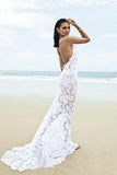 Sexy Mermaid Lace White Halter V-Neck Backless Beach Wedding Dress PFW0135
