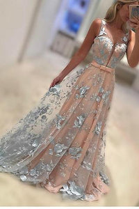 Charming Flower Lace Sleeveless A Line Long Prom Dresses,Formal Evening Gown PFP0921