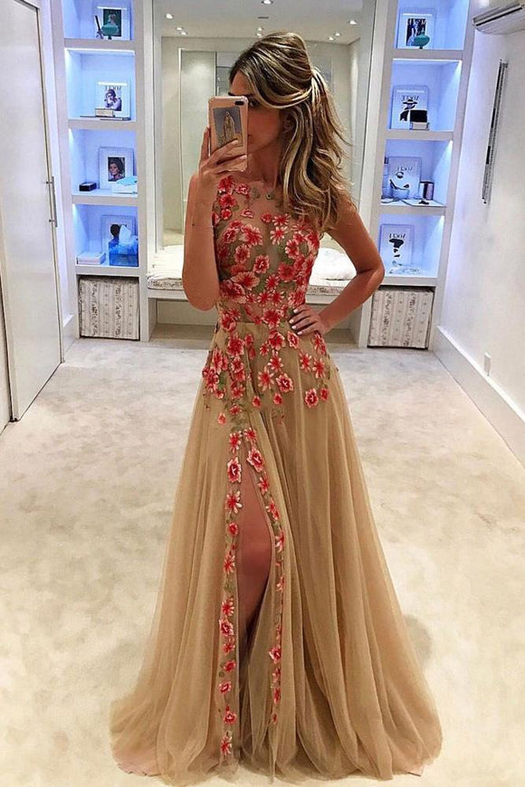 Unique Tulle Flower Appliques Sleeveless Long Formal Prom Dress With Side Slit PFP0922