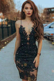 Sheath Spaghetti Straps Black Beaded Short Prom Dress with Lace PFH0011