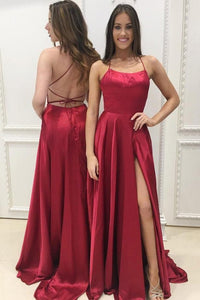 Burgundy Spaghetti Strap Prom Dress with Slit, Sexy Long Party Dresses