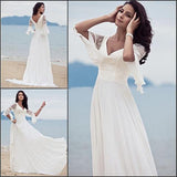 Princess A Line V-neck Chiffon Lace Short Sleeves Beach/Coast Wedding Dresses PFW0235