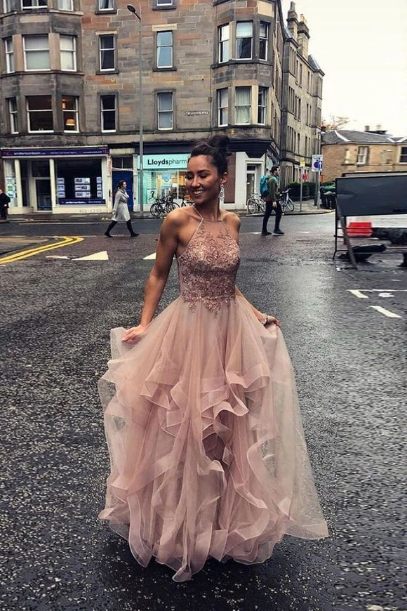 Pink Tulle Lace Appliques Long Prom Dress A Line Evening Gown PFP1732
