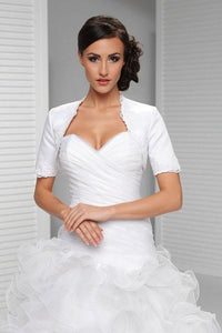 White Appliqued Short Sleeve Satin Bridal Shrug, Satin Short Sleeves Wedding Jacket PFSW0008