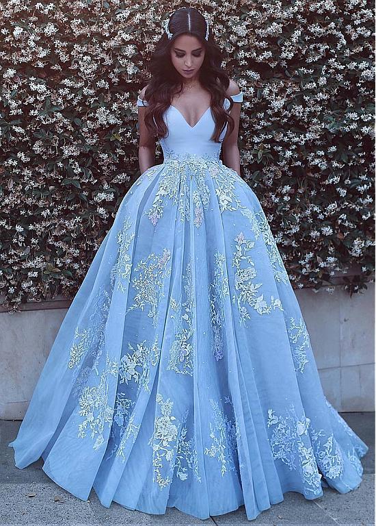 Wonderful Ball Gown Appliques Prom Dresses,Formal Blue Evening Dresses –  Promfast