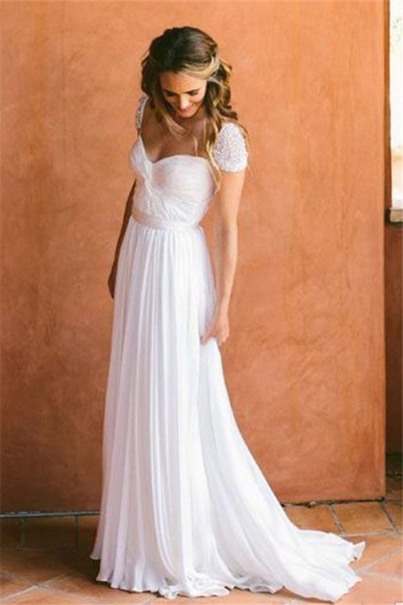 Cheap Sweetheart Beading Cap Sleeves Chiffon A-Line Pleats Wedding Dress PFW0139